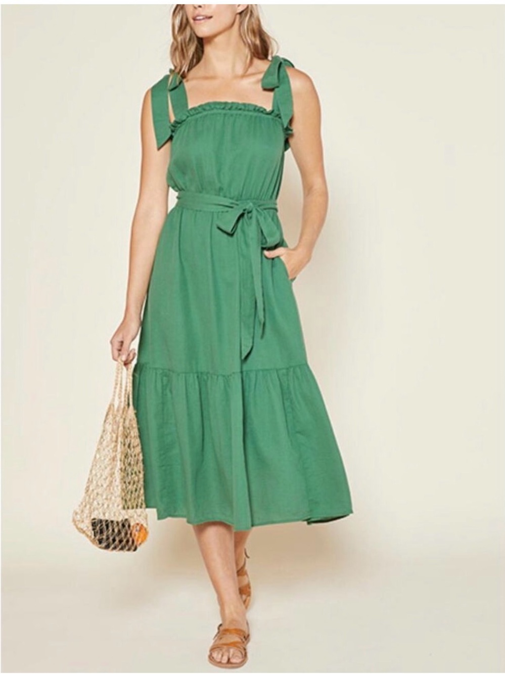 Outerknown Green Tie-Shoulder Midi Dress